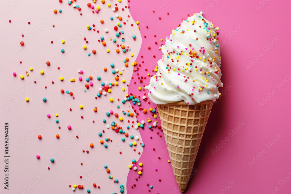 A pink soft serve ice cream cone with colorful sprinkles against a dreamy pastel blue background.