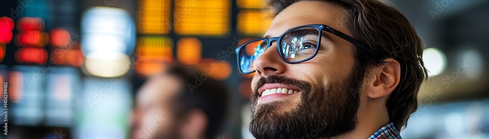 Smiling man looking upward at city lights Smiling man looking upward at city lights