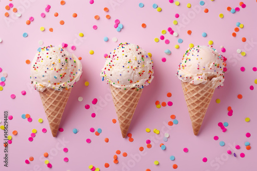 Obraz na płótnie A pink soft serve ice cream cone with colorful sprinkles against a dreamy pastel blue background. w salonie