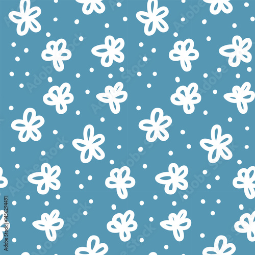Simple doodle seamless pattern of flowers and dots, in gray-blue and white. Textile design, background