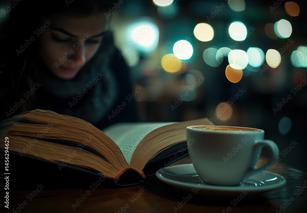 Obraz premium Cozy Evening with Book and Coffee in a Warm Cafe Setting Featuring Soft Bokeh Lights in the Background