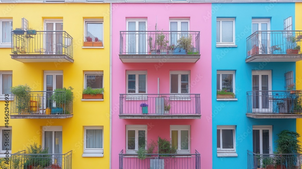 Vibrant facade of colorful european buildings creating a joyful architectural statement, modern urban living with balconies and windows Vibrant facade of colorful european buildings creating a joyful architectural statement, modern urban living with balconies and windows