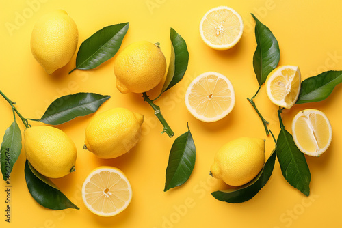 Fresh lemons and green leaves arranged on a vibrant yellow background, showcasing a bright and citrusy theme.