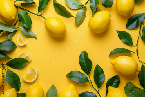 Obraz na płótnie Fresh lemons and green leaves arranged on a vibrant yellow background, showcasing a bright and citrusy theme. w salonie