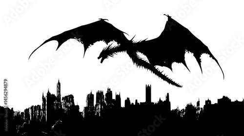 Winged Dragon Soaring Above Castle, vector design