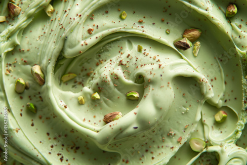 Close-up of creamy pistachio ice cream with chopped pistachio nuts, showcasing its smooth texture and rich flavor.