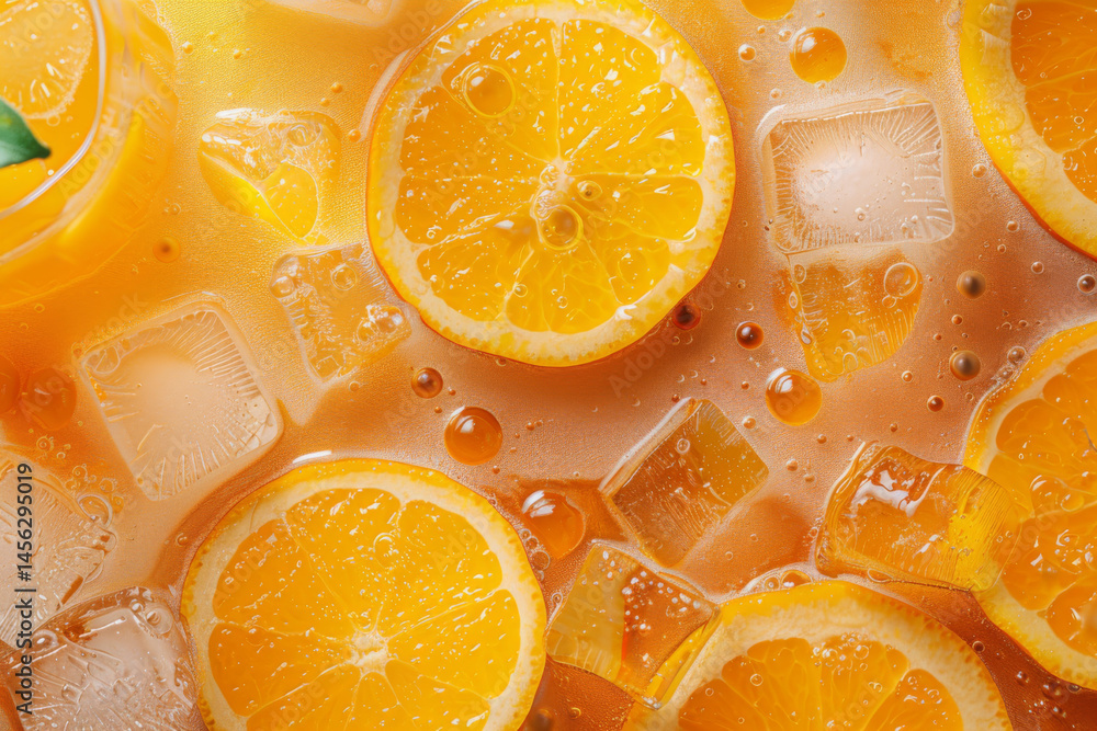 Top view of refreshing orange drinks with ice cubes and sliced oranges on a pink background.