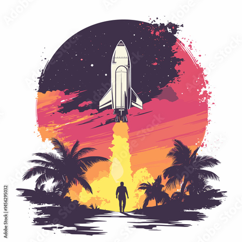vector rocket taking off at sunset 80s style .Generative AI