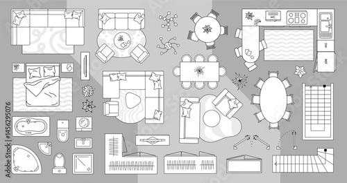 Set of linear icons. Interior top view. Vector Illustration.