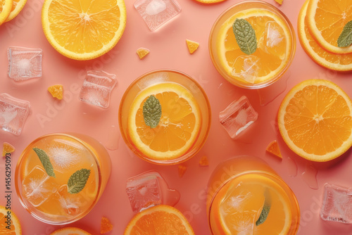 Top view of refreshing orange drinks with ice cubes and sliced oranges on a pink background.