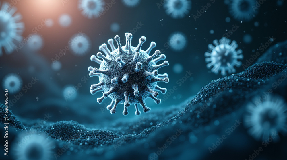 Genetically engineered virus particle suspended in synthetic fluid, surrounded by data streams and nanotechnology symbols, close-up, microphotography Genetically engineered virus particle suspended in synthetic fluid, surrounded by data streams and nanotechnology symbols, close-up, microphotography
