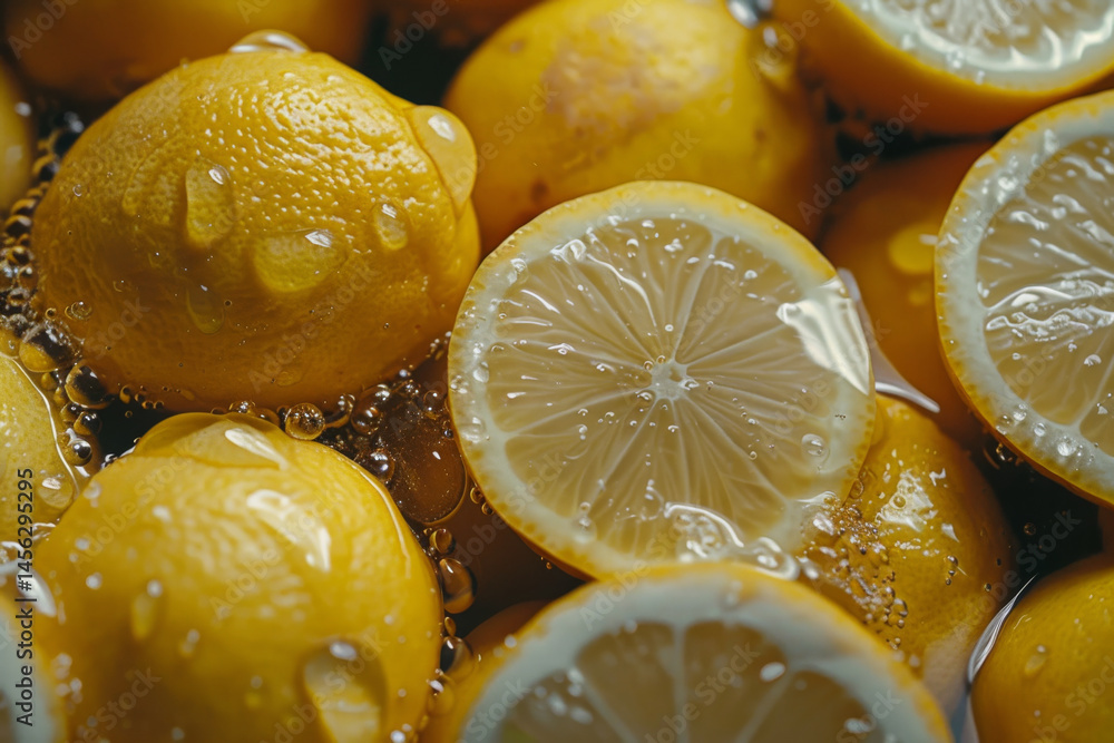 Close-up of fresh lemons submerged in water, showcasing their vibrant yellow color and juicy texture.