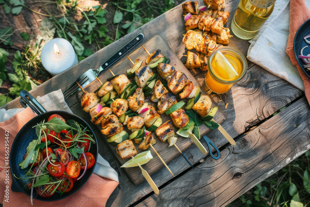 Grilled chicken and vegetable skewers on a rustic table, surrounded by fresh ingredients and condiments.