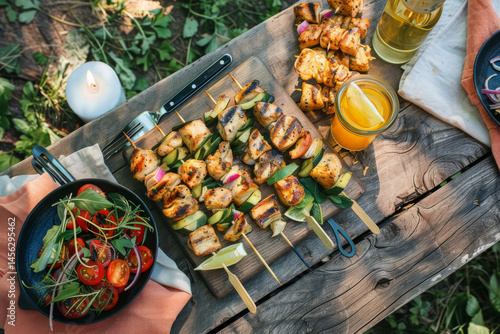 Obraz na płótnie Grilled chicken and vegetable skewers on a rustic table, surrounded by fresh ingredients and condiments. w salonie