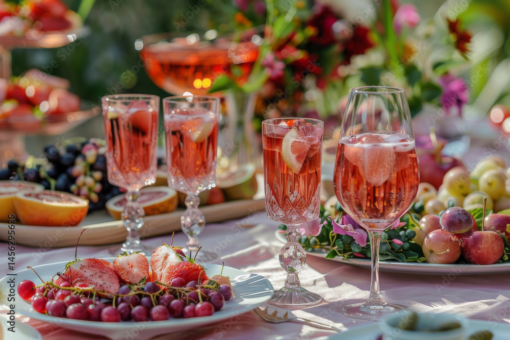 Elegant outdoor dining setup with appetizers and sparkling drinks on a sunlit table, surrounded by colorful flowers.