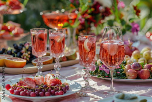 Obraz na płótnie Elegant outdoor dining setup with appetizers and sparkling drinks on a sunlit table, surrounded by colorful flowers. w salonie