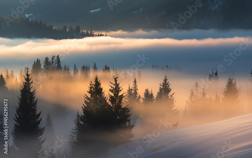 Misty forest, trees in silhouette, sunrise.