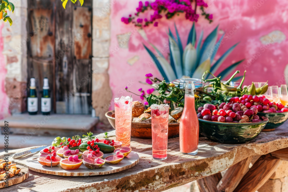 Elegant outdoor dining setup with appetizers and sparkling drinks on a sunlit table, surrounded by colorful flowers.