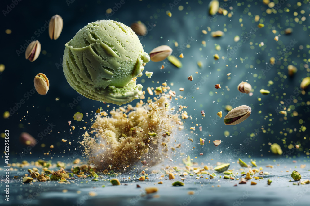 Floating pistachio ice cream scoop with pistachios in the air, creating a magical and dreamy scene.