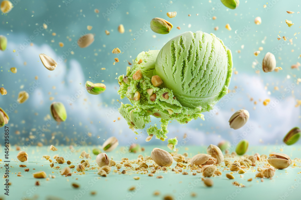 Floating pistachio ice cream scoop with pistachios in the air, creating a magical and dreamy scene.