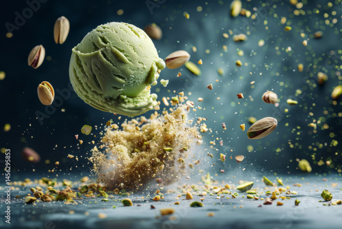 Obraz na płótnie Floating pistachio ice cream scoop with pistachios in the air, creating a magical and dreamy scene. w salonie