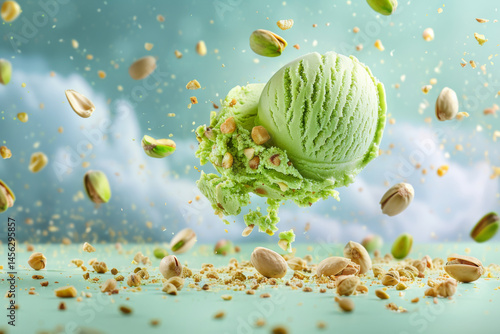 Obraz na płótnie Floating pistachio ice cream scoop with pistachios in the air, creating a magical and dreamy scene. w salonie