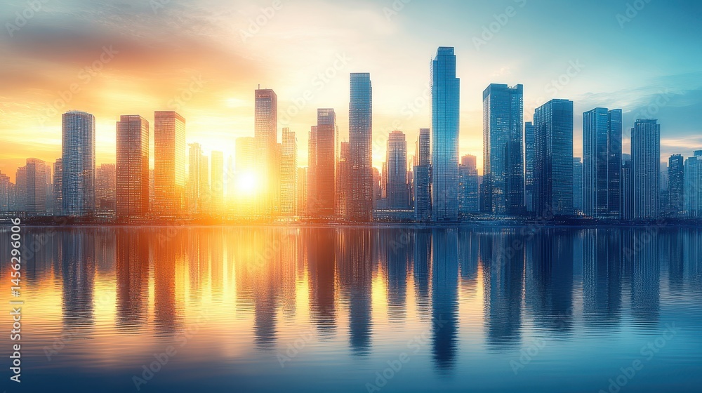 Fototapeta premium Cityscape reflection at sunrise creating a stunning urban panorama with modern architecture and tranquil waterfront view offering serene atmosphere