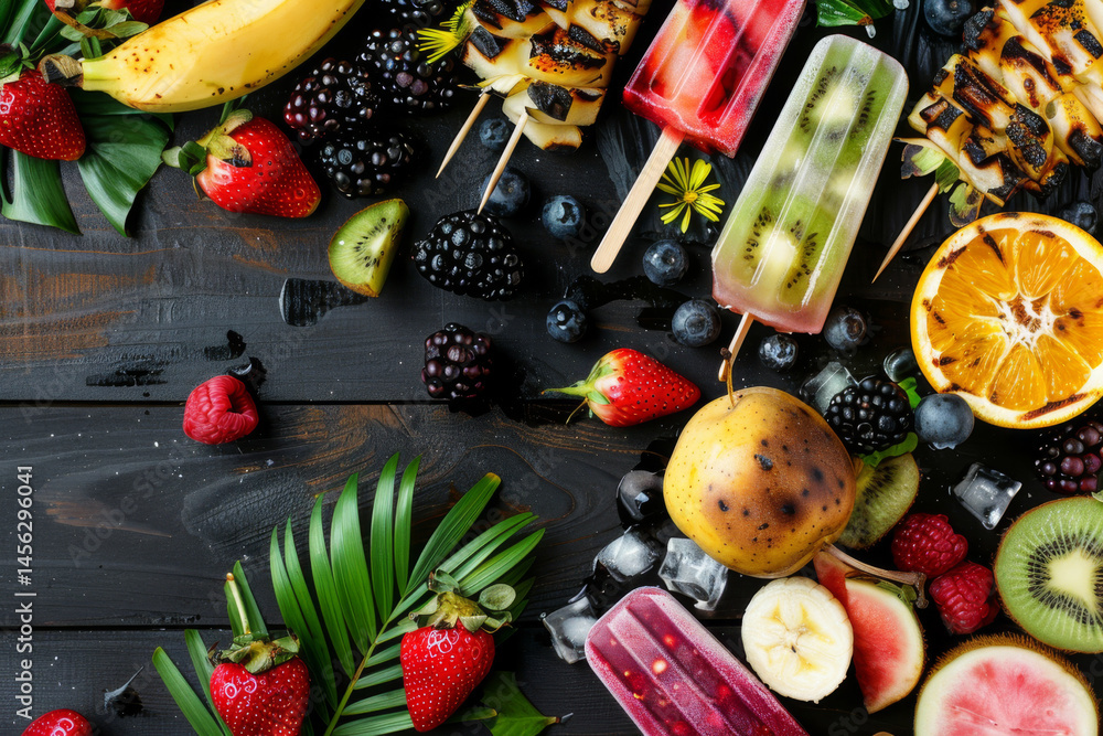 Colorful fruit popsicles with fresh fruits and ice cream on a wooden table, creating a vibrant summer scene.