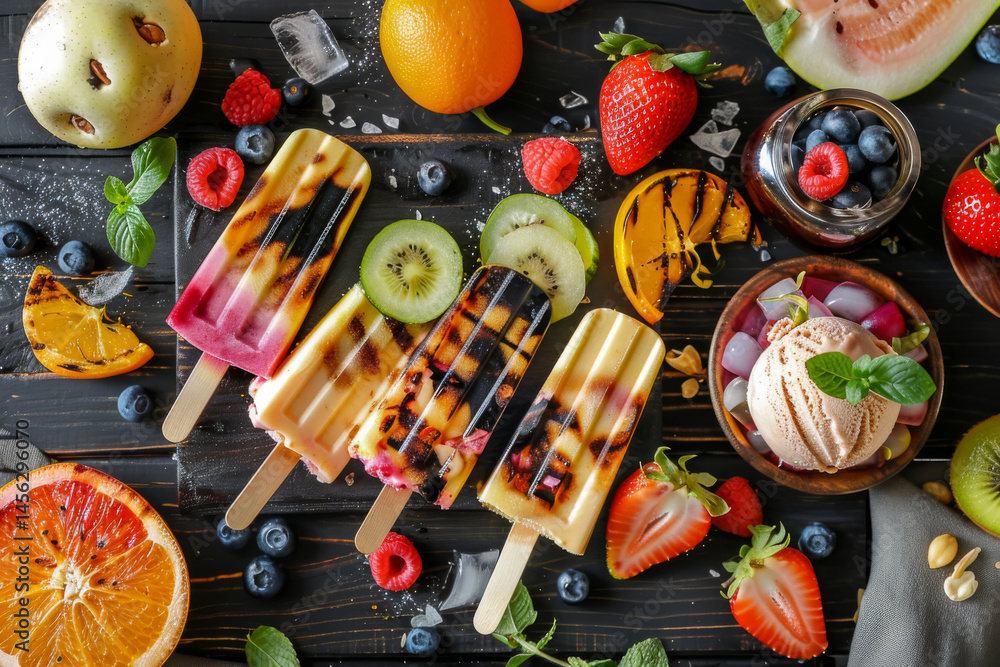 Colorful fruit popsicles with fresh fruits and ice cream on a wooden table, creating a vibrant summer scene.
