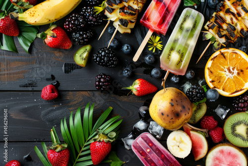 Obraz na płótnie Colorful fruit popsicles with fresh fruits and ice cream on a wooden table, creating a vibrant summer scene. w salonie