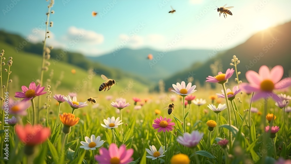 Bees Hovering Over a Colorful Meadow of Flowers in a Rural Mountain Landscape Bees Hovering Over a Colorful Meadow of Flowers in a Rural Mountain Landscape