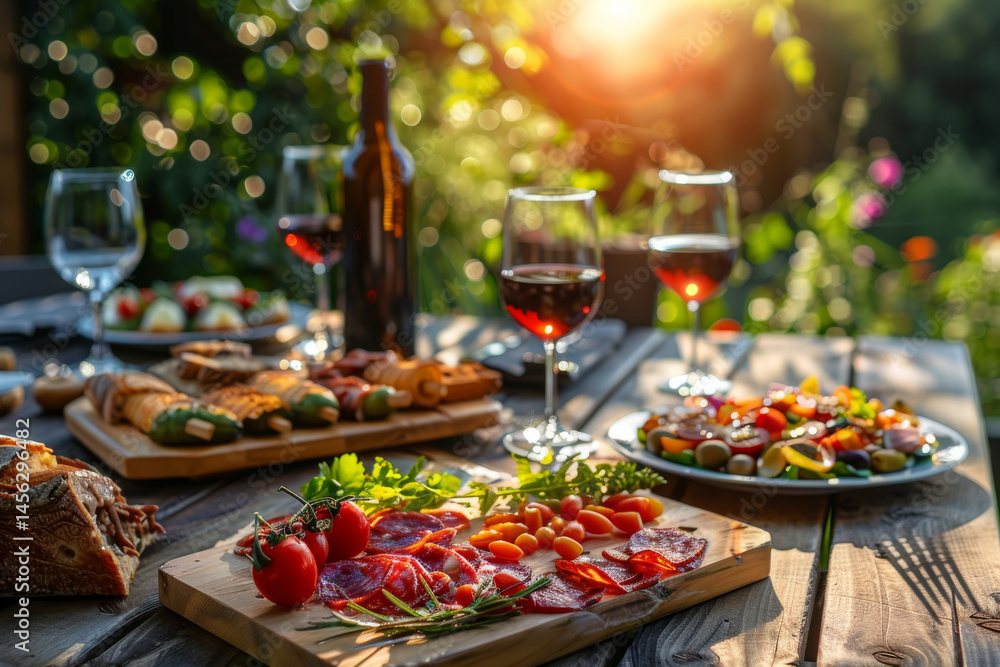 Outdoor dining setup with wine, charcuterie, and appetizers on a rustic table, illuminated by warm sunset light.