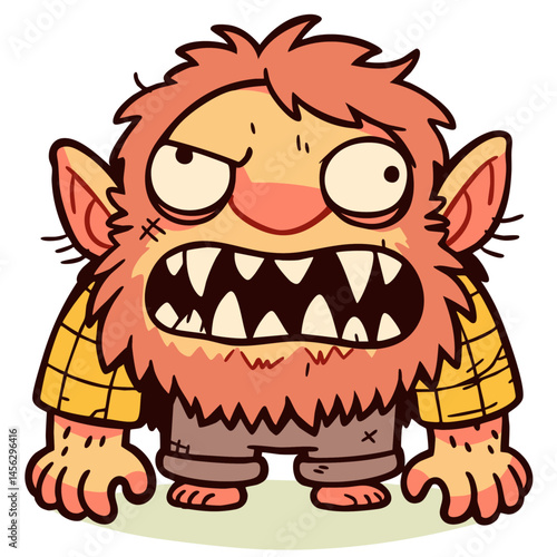 Ugly ogre man, caricature dwarf ork with sharp teeth, grotesque angry coworker, neighbor or husband, doodle cartoon character, isolated cute clean and simple vector illustration