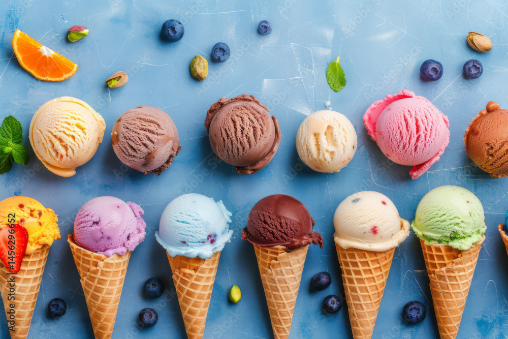 Colorful ice cream cones and scoops with fresh fruits and nuts on a blue background, creating a vibrant scene.