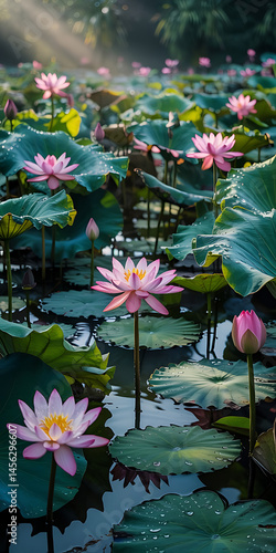 Pink lotus blossoms in a tranquil pond.