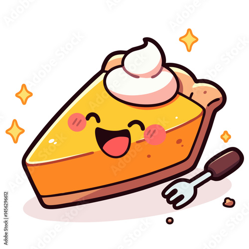 Happy cheerful slice of cake with cream and fork, backed single pie slice, cheesecake, doodle cartoon character, kawaii isolated cute clean and simple vector illustration