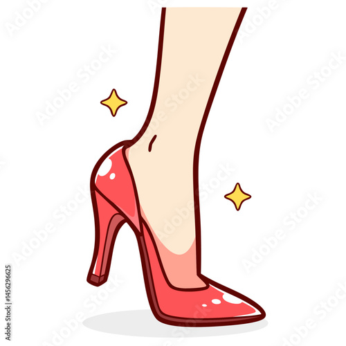Woman leg in glamour red stiletto high heel boot, doodle isolated cute clean and simple cartoon vector illustration