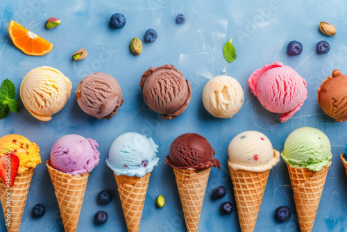 Obraz na płótnie Colorful ice cream cones and scoops with fresh fruits and nuts on a blue background, creating a vibrant scene. w salonie