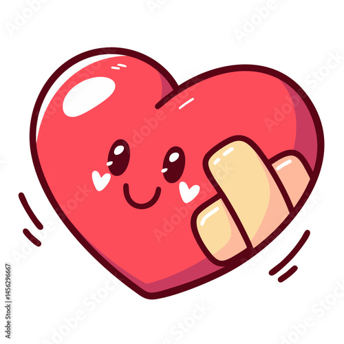 Happy cute smiling heart in love, wounded loving heart healing fixed with band aid path tape, doodle cartoon character, kawaii isolated cute clean and simple vector illustration