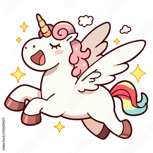 Happy cute flying unicorn with wings and rainbow tail, pegasus doodle cartoon character, kawaii isolated clean and simple vector illustration