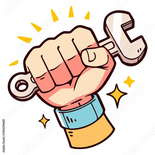 Hand holding wrench, mechanic maintenance repair service, auto fix car garage, doodle isolated cute clean and simple cartoon vector illustration