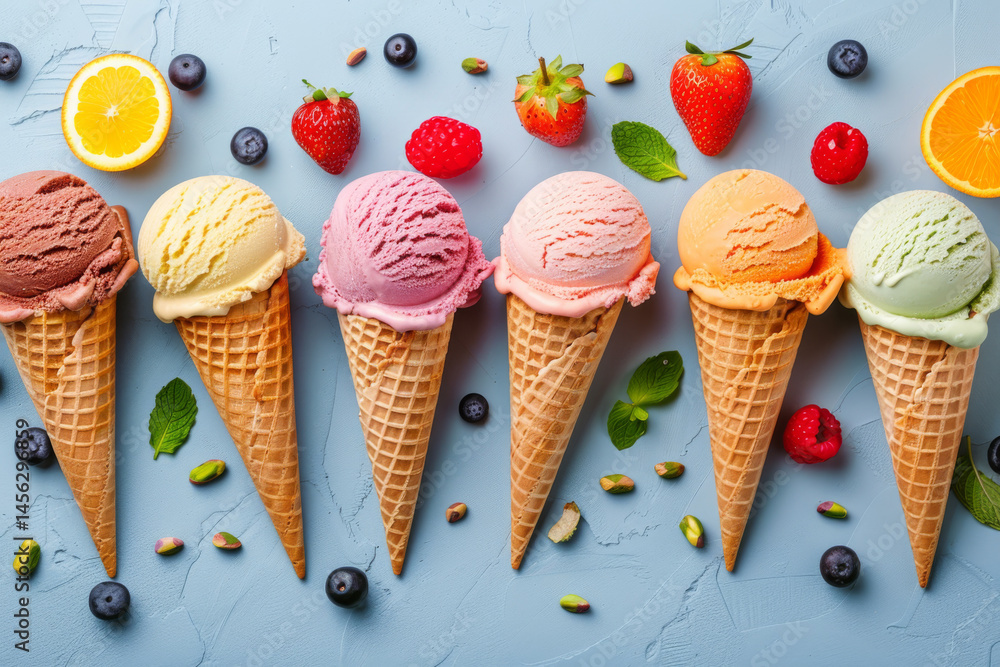 Colorful ice cream cones and scoops with fresh fruits and nuts on a blue background, creating a vibrant scene.