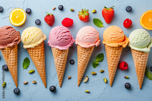 Colorful ice cream cones and scoops with fresh fruits and nuts on a blue background, creating a vibrant scene.