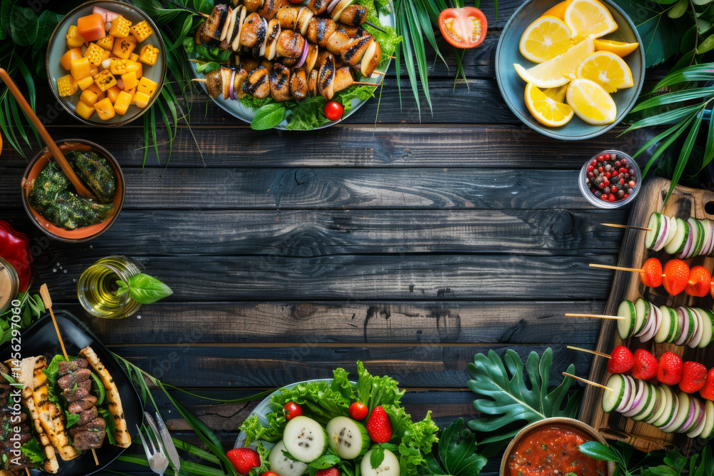 Assorted grilled skewers and fresh salads arranged on a rustic wooden table, creating a colorful and appetizing spread.