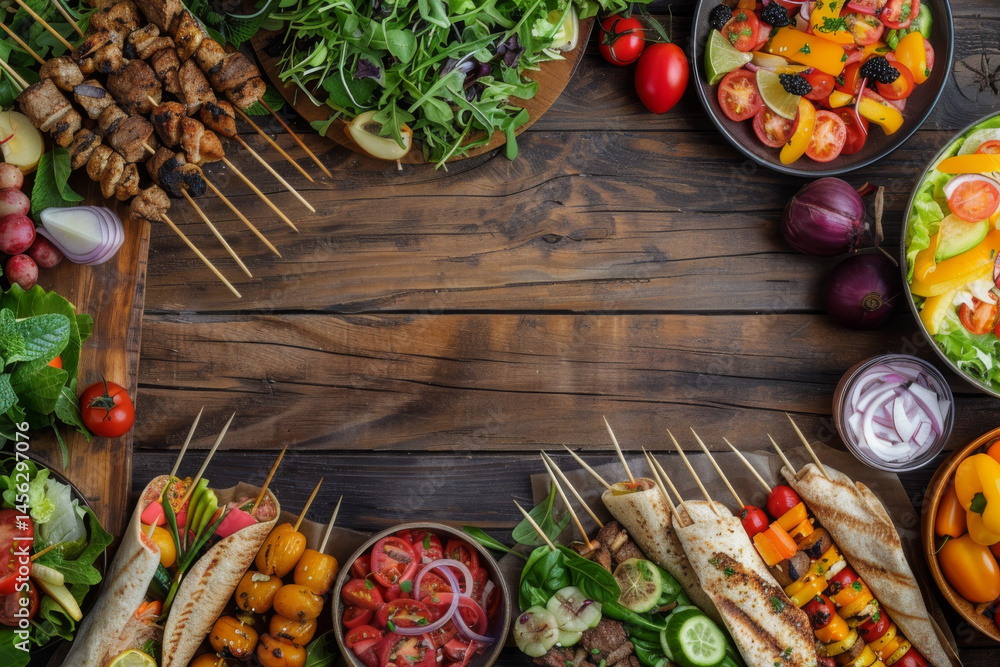 Assorted grilled skewers and fresh salads arranged on a rustic wooden table, creating a colorful and appetizing spread.