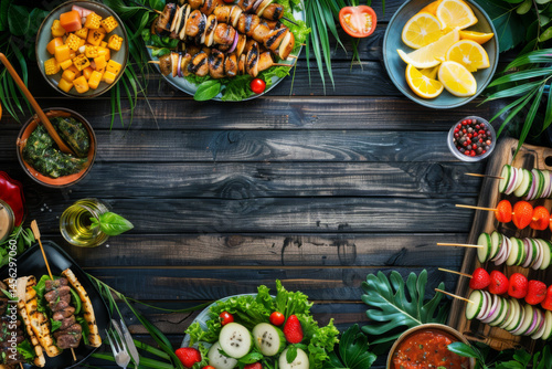 Obraz na płótnie Assorted grilled skewers and fresh salads arranged on a rustic wooden table, creating a colorful and appetizing spread. w salonie