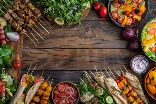Obraz na płótnie Assorted grilled skewers and fresh salads arranged on a rustic wooden table, creating a colorful and appetizing spread. w salonie