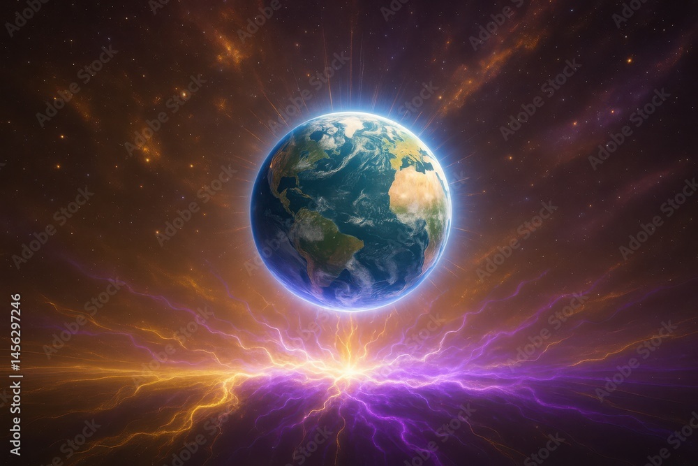 Obraz premium Planet Earth surrounded by cosmic energy radiating in vibrant colors at twilight Generative AI