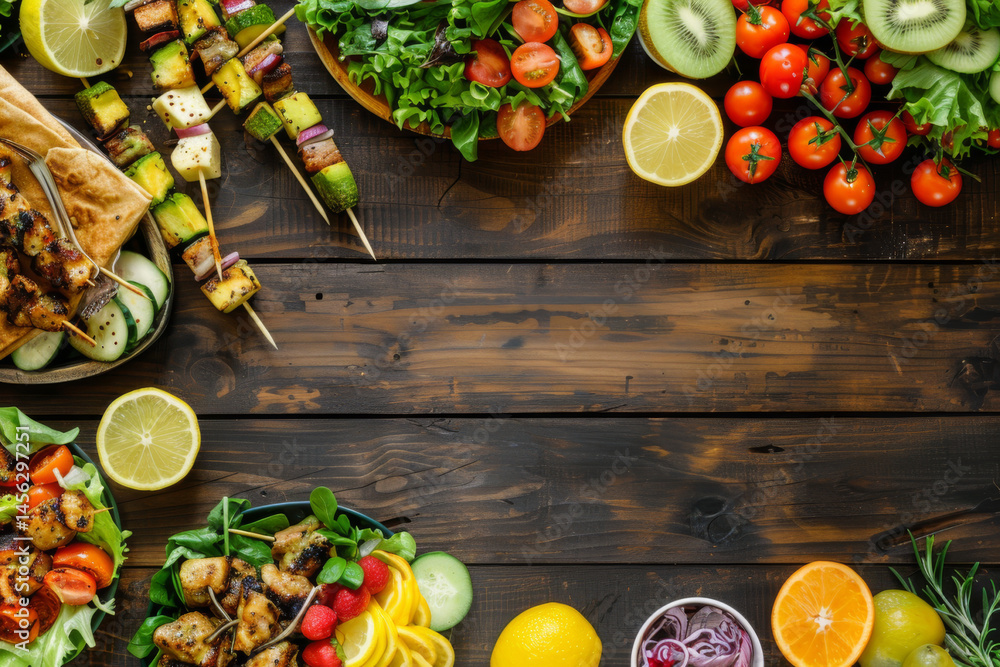 Assorted grilled skewers and fresh salads arranged on a rustic wooden table, creating a colorful and appetizing spread.