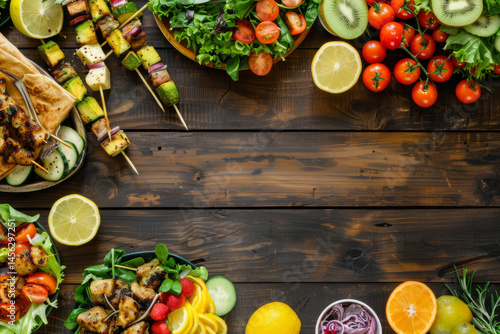 Obraz na płótnie Assorted grilled skewers and fresh salads arranged on a rustic wooden table, creating a colorful and appetizing spread. w salonie